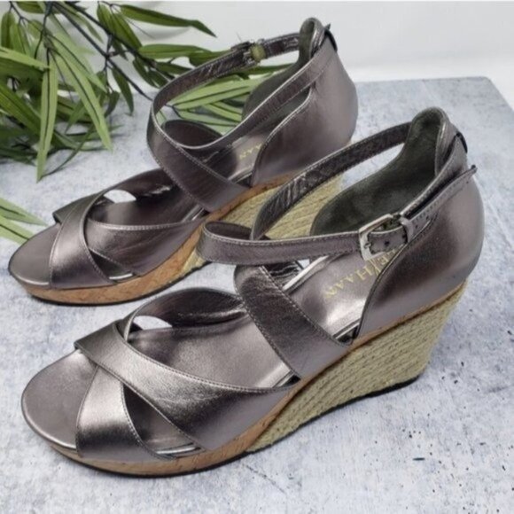 Cole Haan | Gunmetal Gray Silver Espadrille Wedge Sandals - Picture 3 of 10